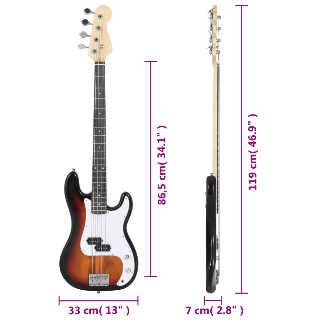 vidaXL Električna bas kitara za začetnike s torbo rjavo bela 4/4 46"