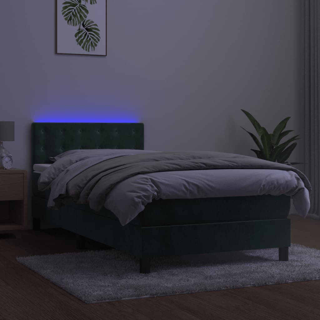 vidaXL Box spring postelja z vzmetnico LED tem. zelena 100x200cm žamet