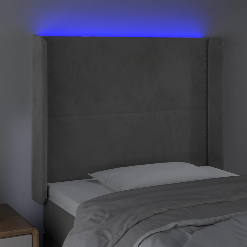 vidaXL LED posteljno vzglavje svetlo sivo 93x16x118/128 cm žamet
