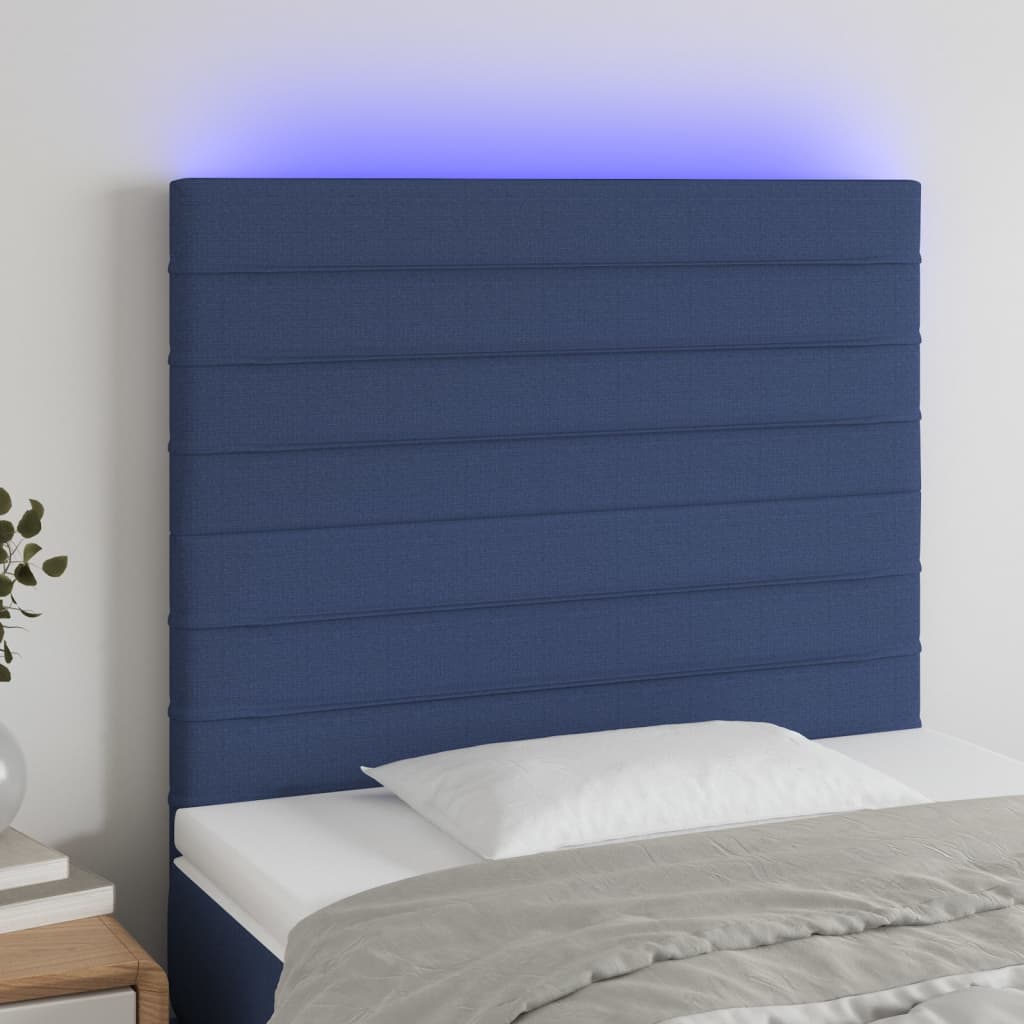 vidaXL LED posteljno vzglavje modro 100x5x118/128 cm blago