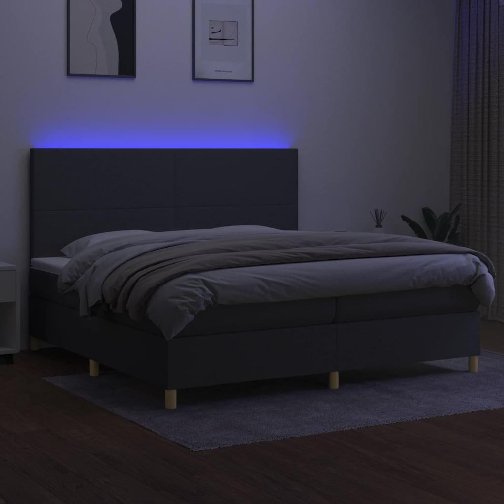 vidaXL Box spring postelja z vzmetnico LED temno siva 200x200 cm blago