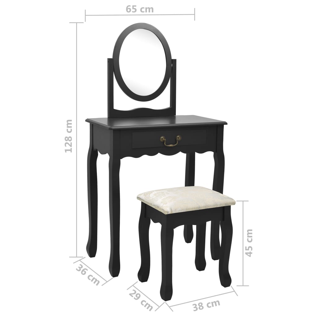 vidaXL Mizica za ličenje s stolčkom črna 65x36x128cm pavlovnija in MDF