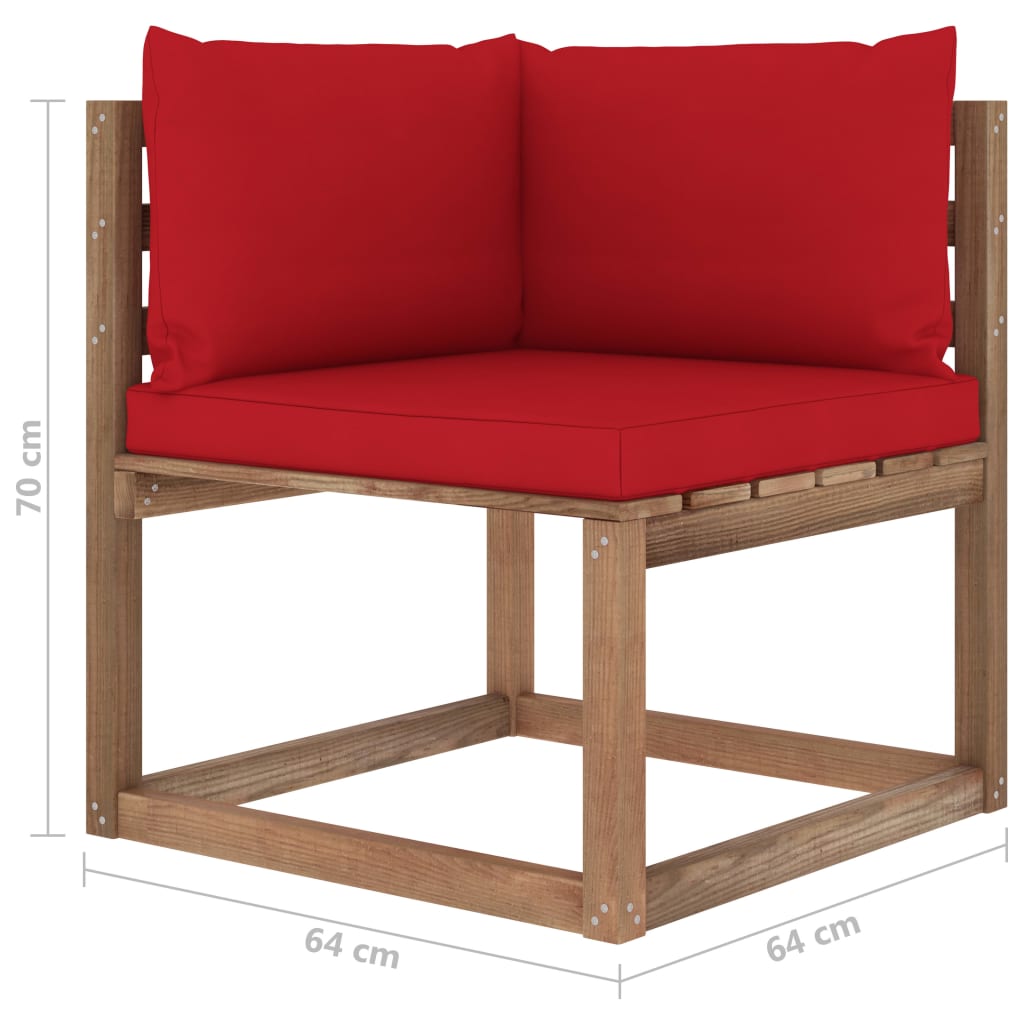 vidaXL Vrtni kotni kavč iz palet z rdečimi blazinami