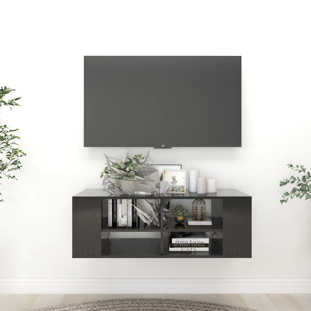 vidaXL Stenska TV omarica visok sijaj črna 102x35x35 cm iverna plošča