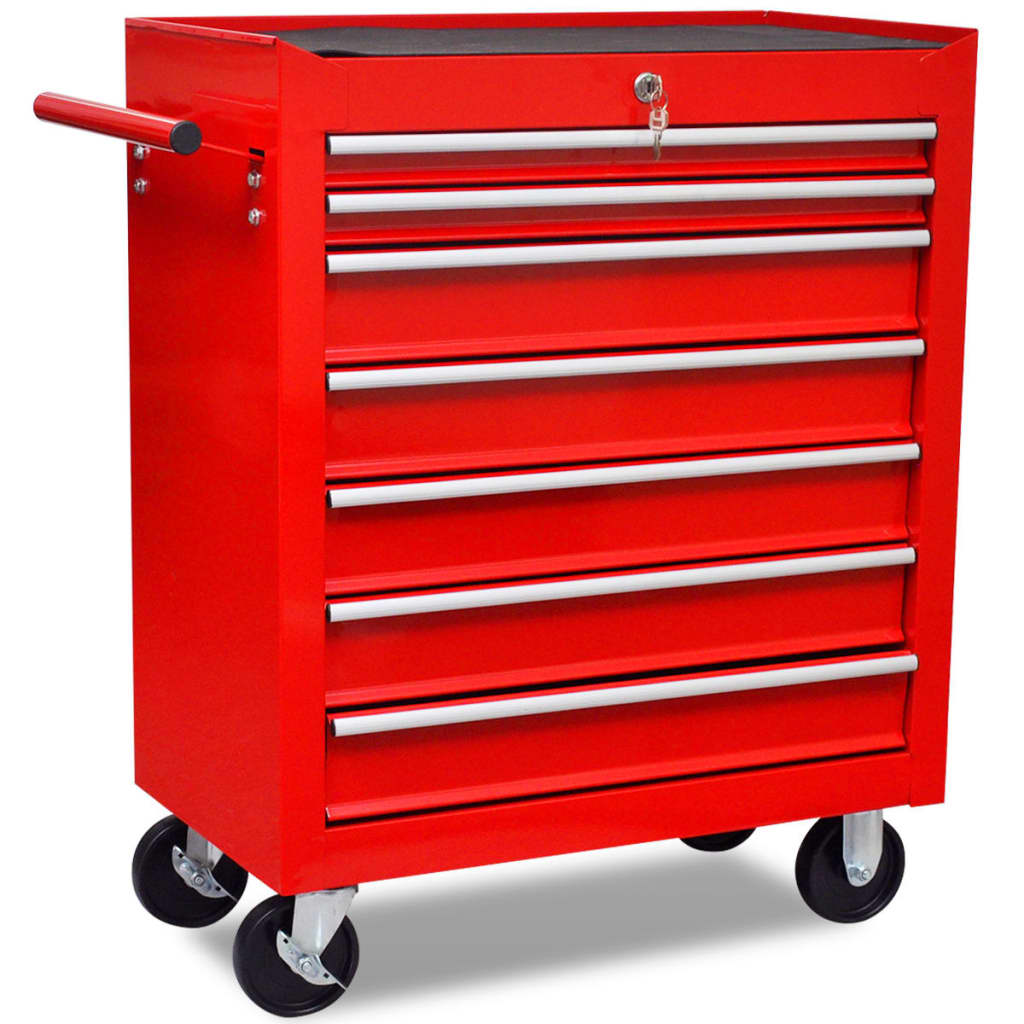 Rdeč delavniški voziček za shranjevanje orodja s 7 predali