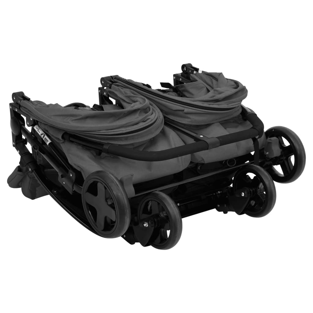 vidaXL Otroški voziček za dvojčke temno siv in črn jeklen