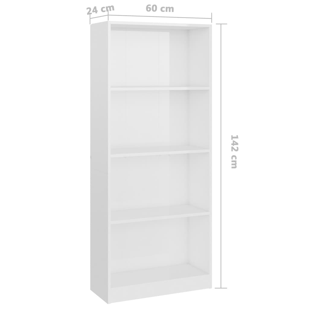 vidaXL Knjižna omara 4-nadstropna visok sijaj bela 60x24x142 cm