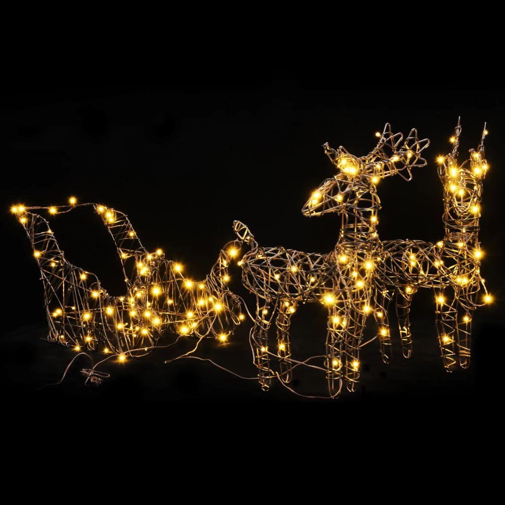 vidaXL Božični okras severni jeleni in sani 160 LED toplo bela ratan