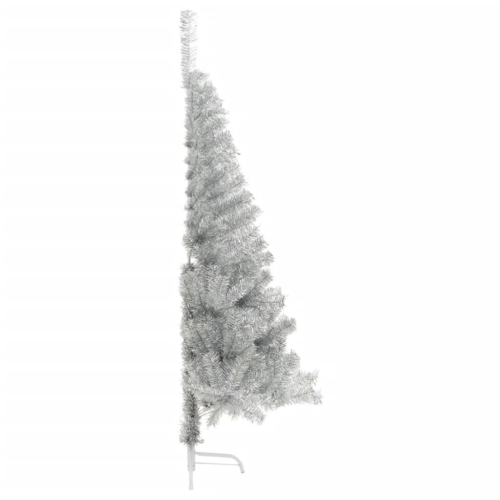 vidaXL Umetna polovična novoletna jelka s stojalom srebrna 180 cm PET