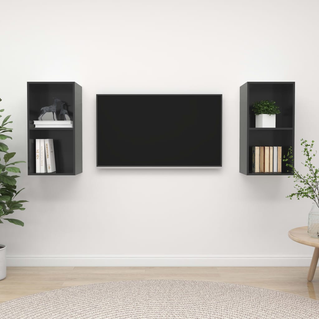 vidaXL Stenska TV omarica 2 kosa visok sijaj sive barve iverna plošča