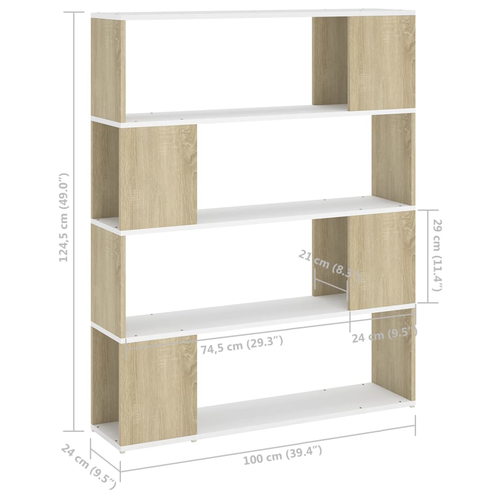 vidaXL Knjižna omara za razdelitev prostora bela sonoma 100x24x124 cm