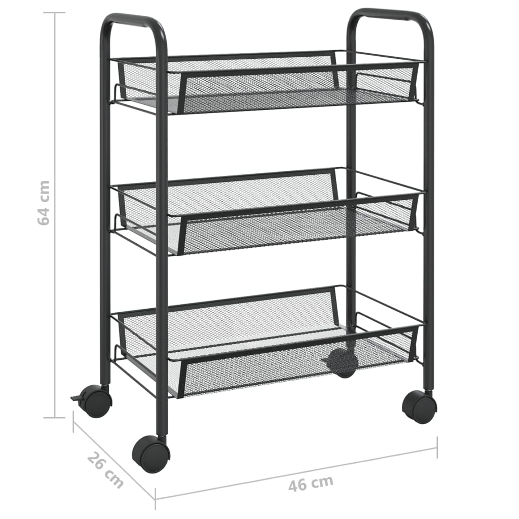 vidaXL 3-nadstropni kuhinjski voziček črn 46x26x64 cm železo
