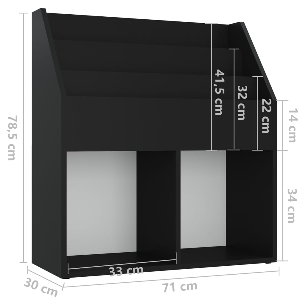 vidaXL Otroško stojalo za revije črno 71x30x78,5 cm iverna plošča