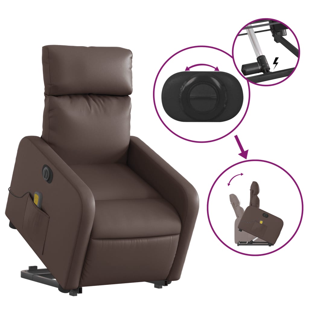 vidaXL Električni masažni stol s funkcijo vstajanja rjavo umetno usnje