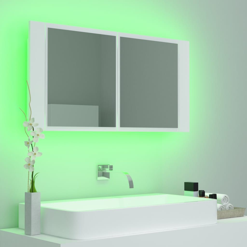 vidaXL LED kopalniška omarica z ogledalom bela 90x12x45 cm akril