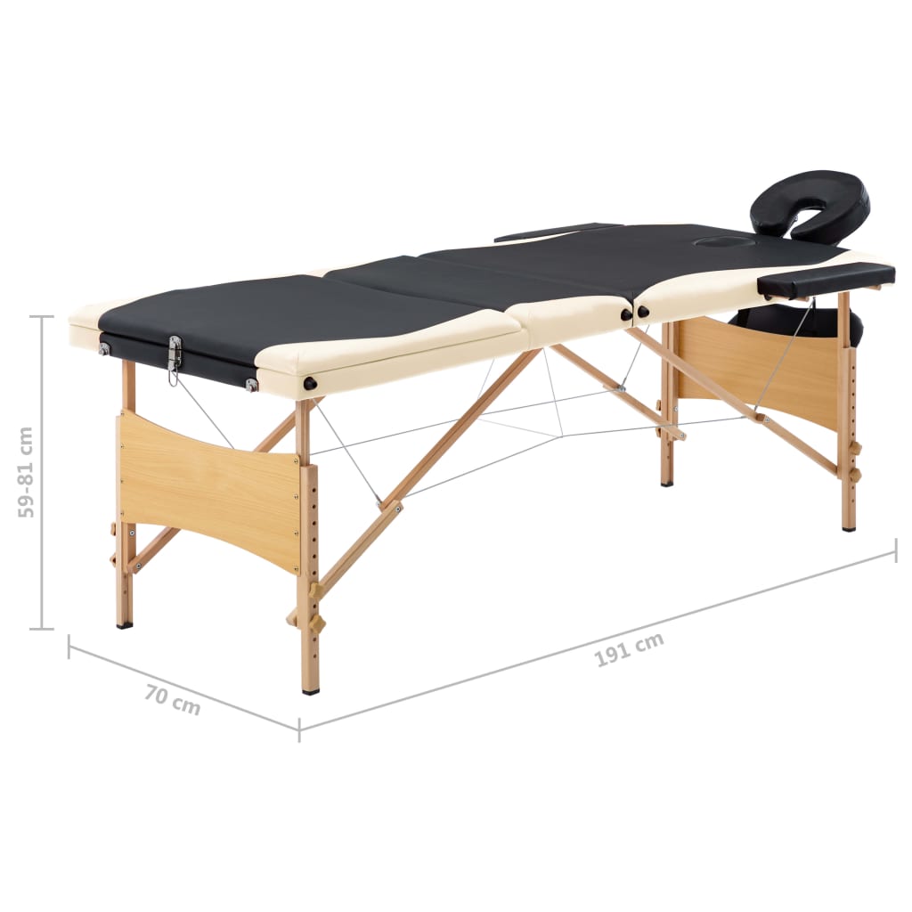 vidaXL Zložljiva masažna miza 3 cone les črna in bež