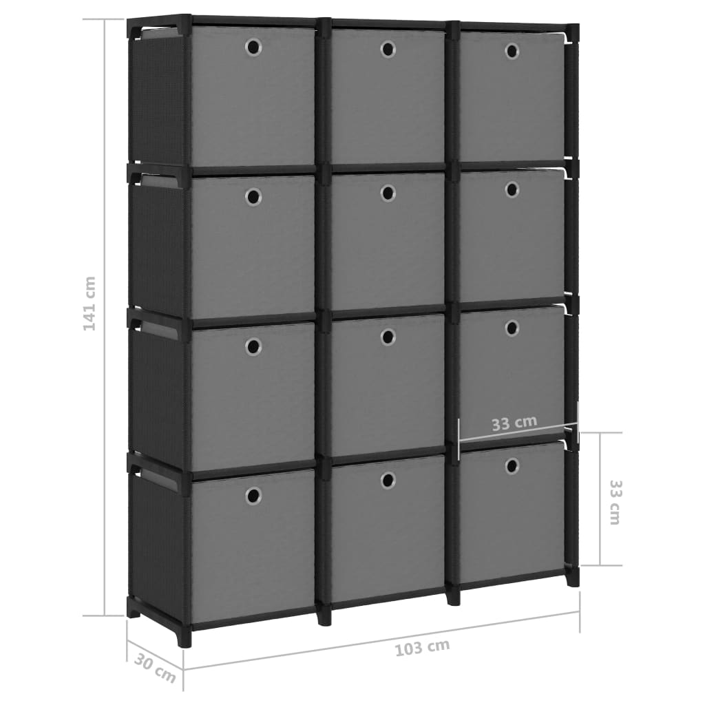 vidaXL Regal z 12 škatlami črn 103x30x141 cm blago