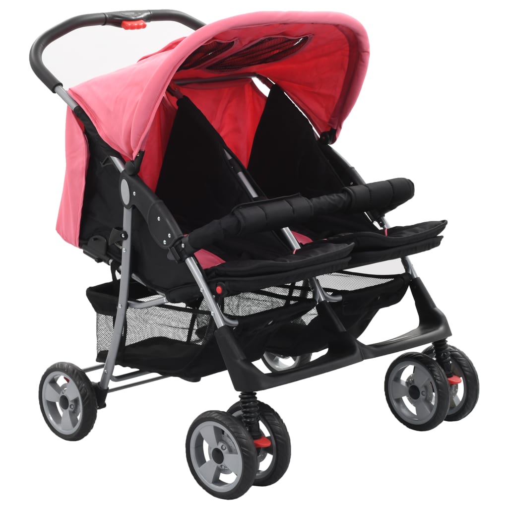 vidaXL Otroški voziček za dvojčke roza in črn jeklen