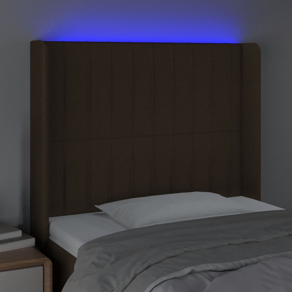 vidaXL LED posteljno vzglavje temno rjavo 103x16x118/128 cm blago