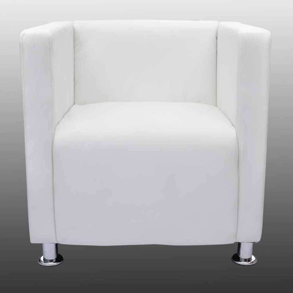 vidaXL Kockast fotelj belo umetno usnje