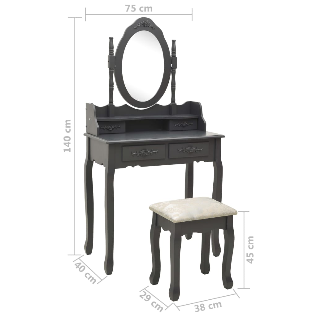 vidaXL Mizica za ličenje s stolčkom siva 75x69x140 cm les pavlovnije