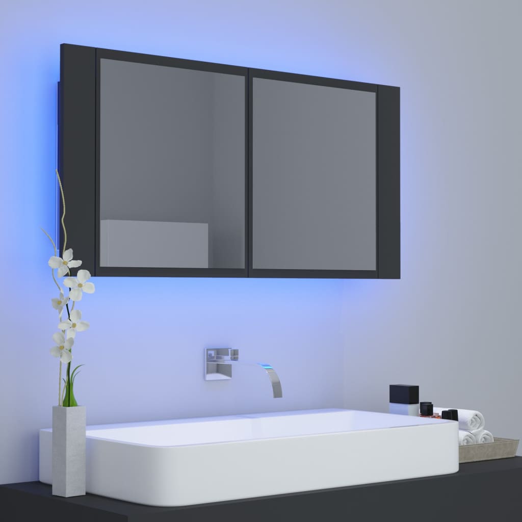 vidaXL LED kopalniška omarica z ogledalom siva 90x12x45 cm akril