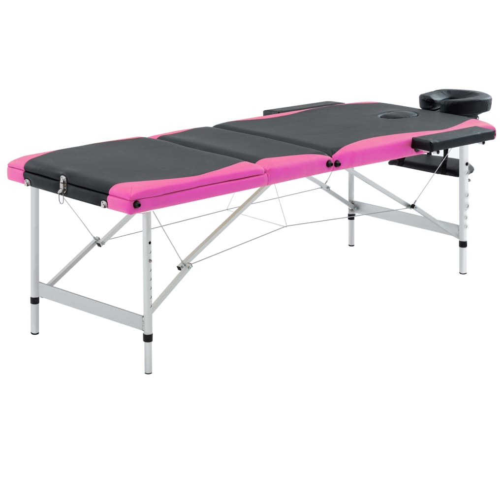 vidaXL 3-conska zložljiva masažna miza aluminij črna in roza