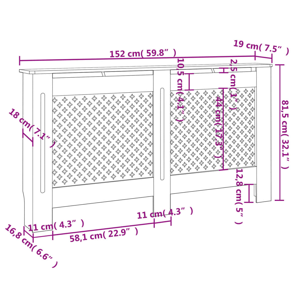 vidaXL Pokrov za radiator bel 152x19x81,5 cm MDF