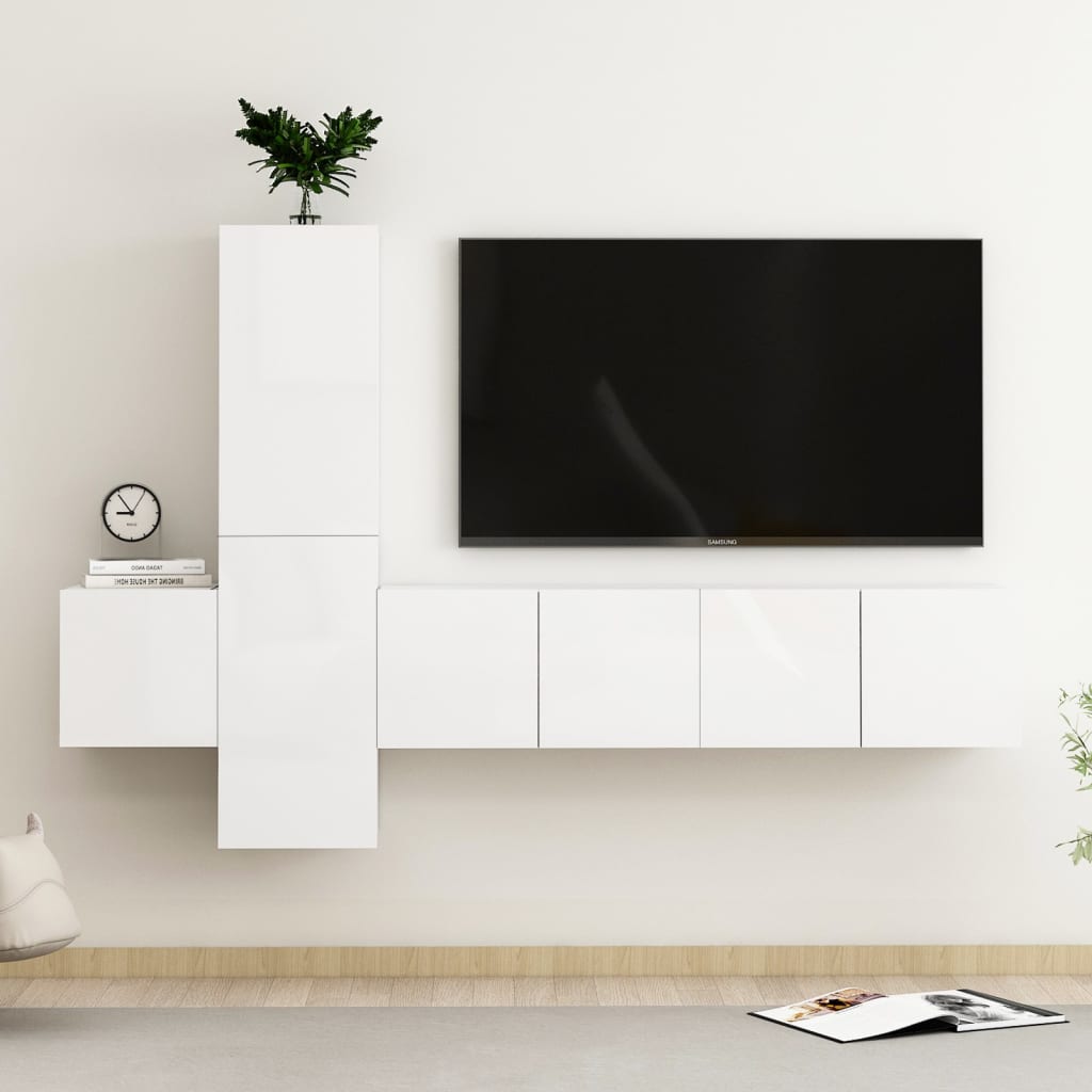 vidaXL Komplet TV omaric 5-delni visok sijaj bela iverna plošča