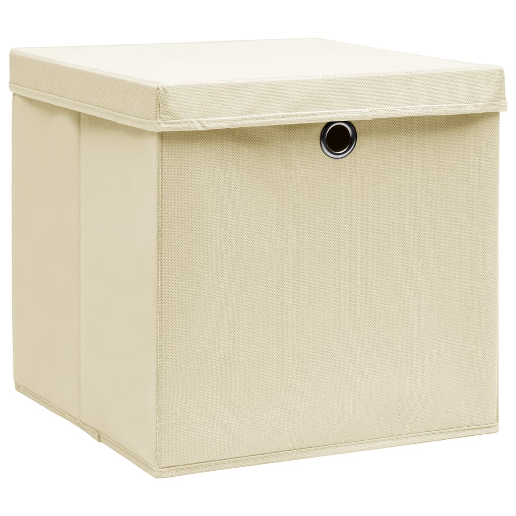 vidaXL Škatle za shranjevanje s pokrovi 10 kos. krem 32x32x32 cm blago