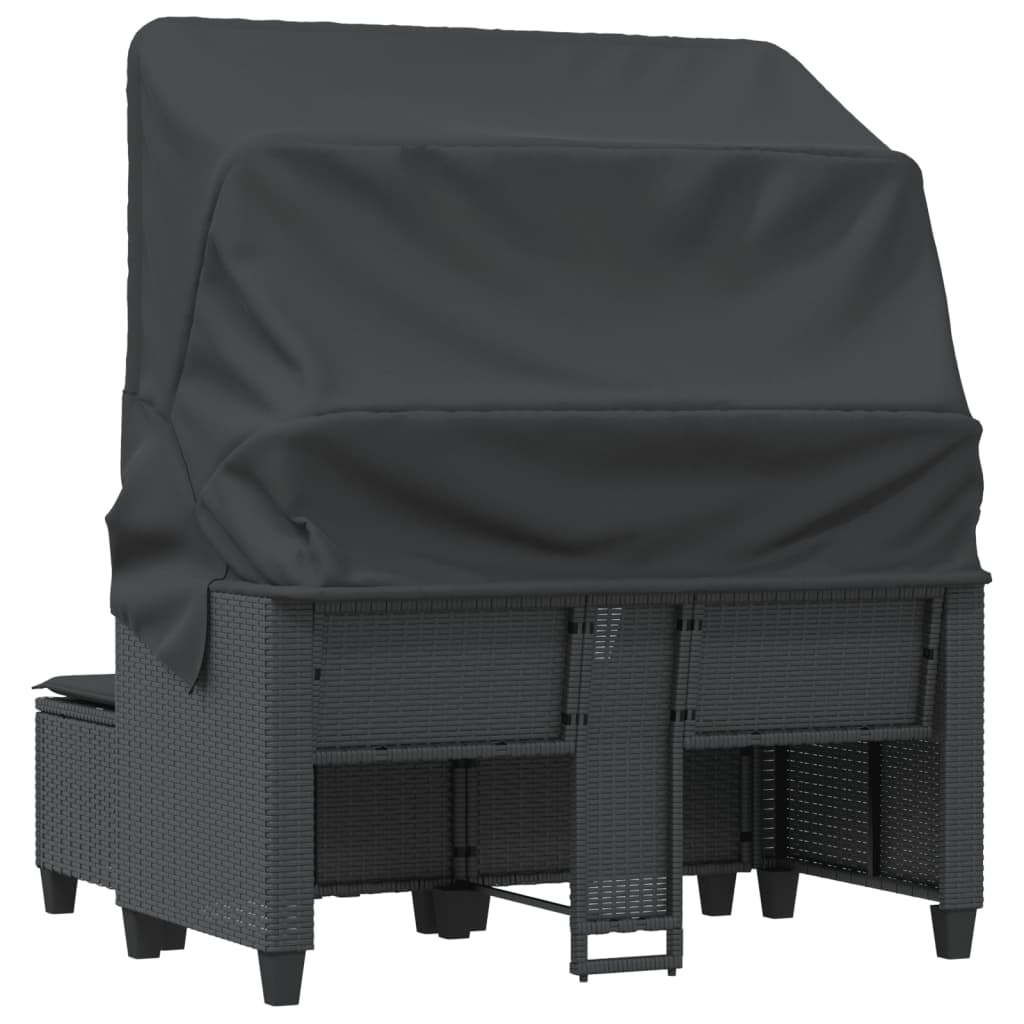 vidaXL Vrtni kavč dvosed s streho in stolčki črn poli ratan
