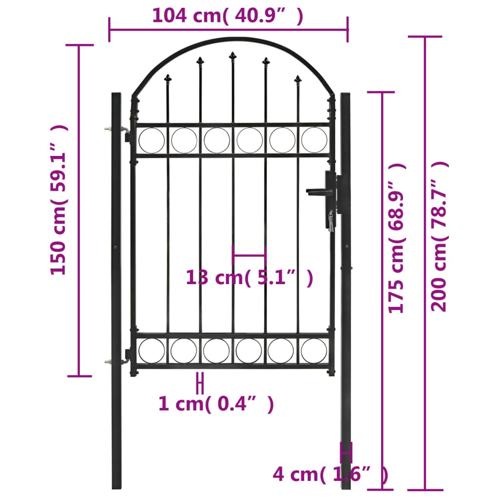 vidaXL Vrata za ograjo zaobljena jeklo 100x150 cm črna