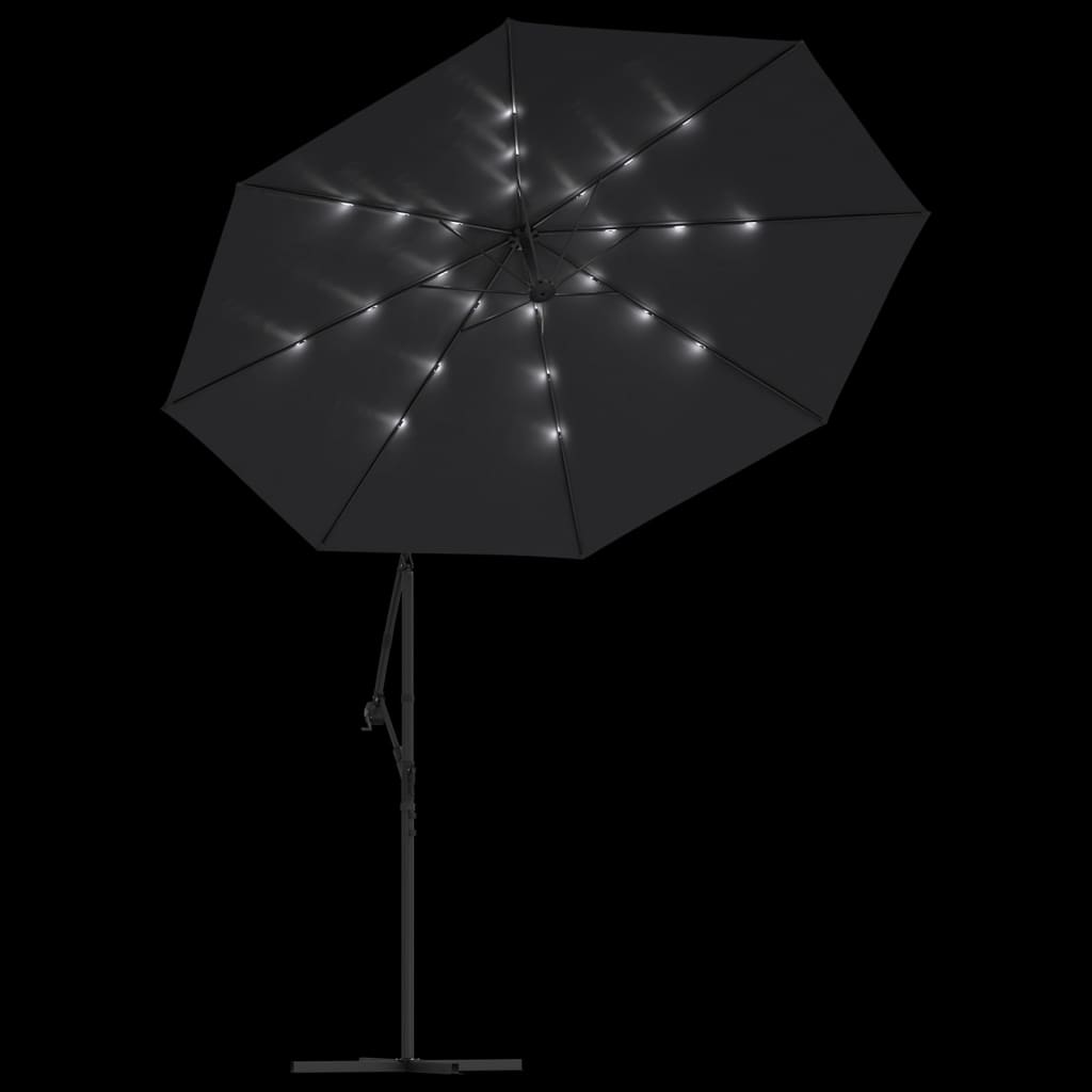 vidaXL Previsni senčnik z LED lučkami in kovinskim drogom 300 cm črn