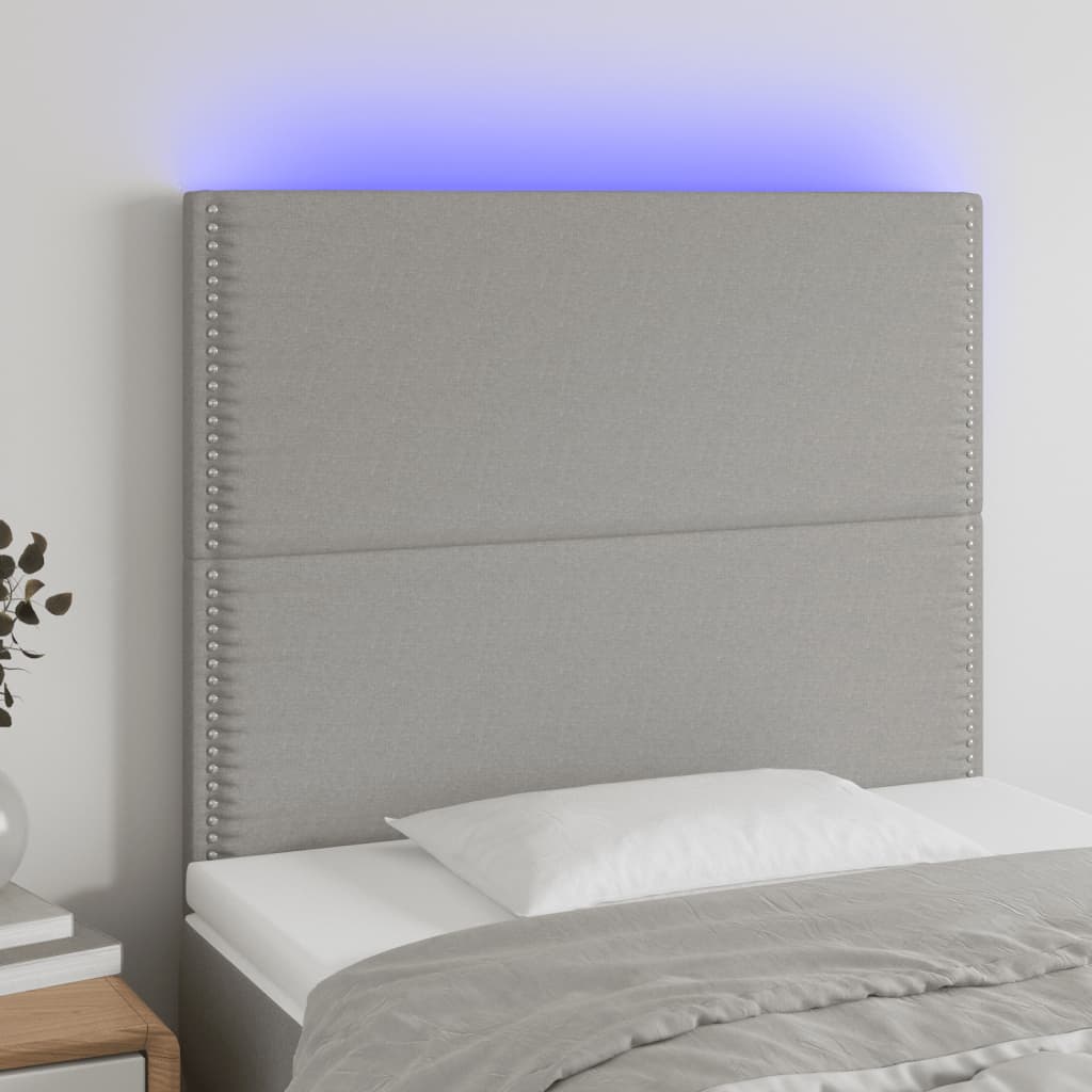 vidaXL LED posteljno vzglavje svetlo sivo 90x5x118/128 cm blago