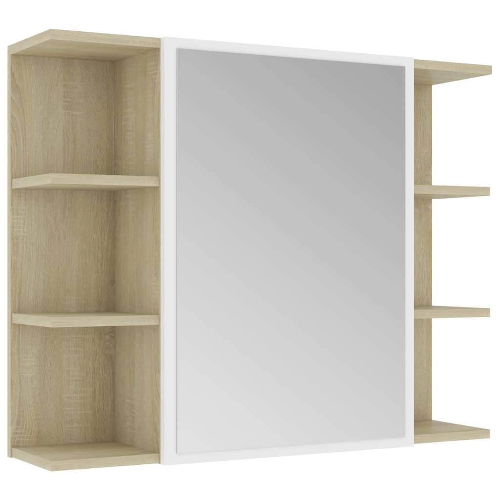 vidaXL Kopalniška omarica z ogledalom bela in sonoma 80x20,5x64 cm
