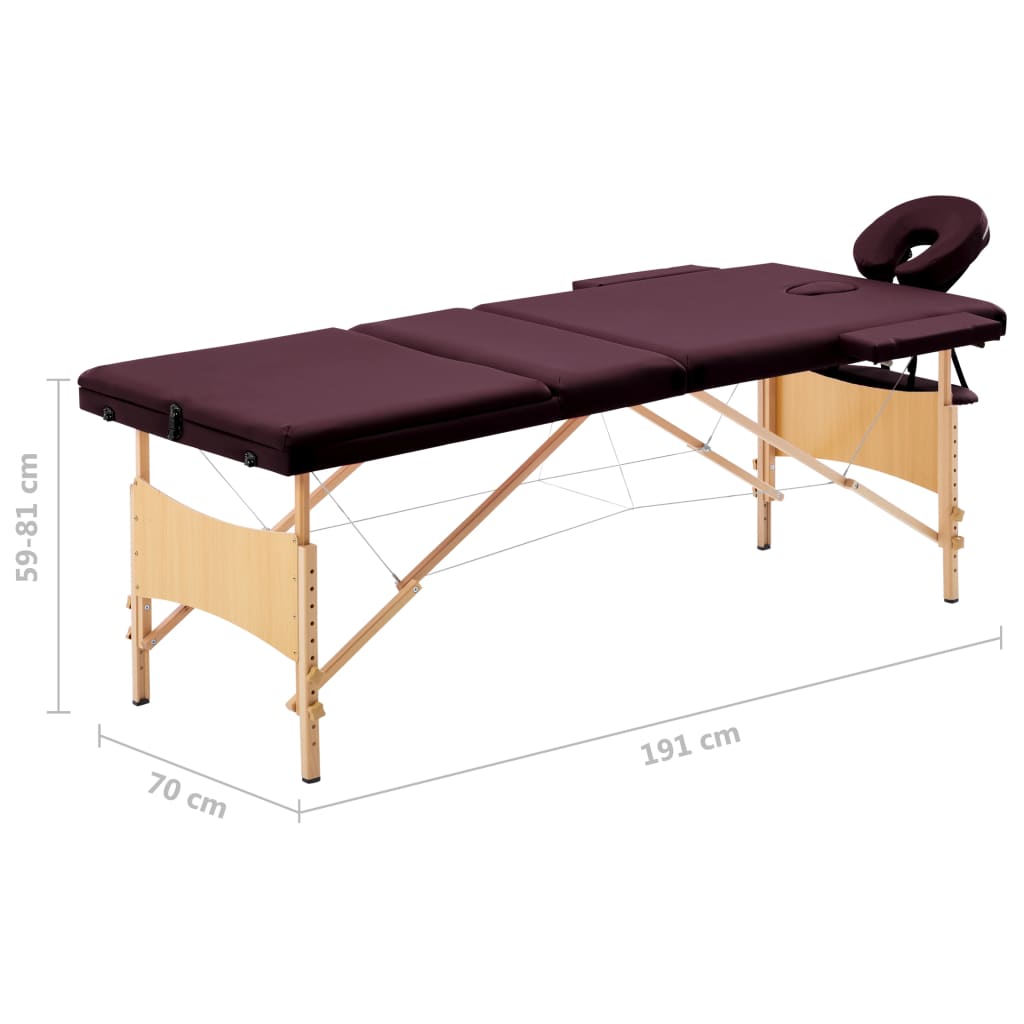 vidaXL Zložljiva masažna miza 3 cone les vinsko vijolična