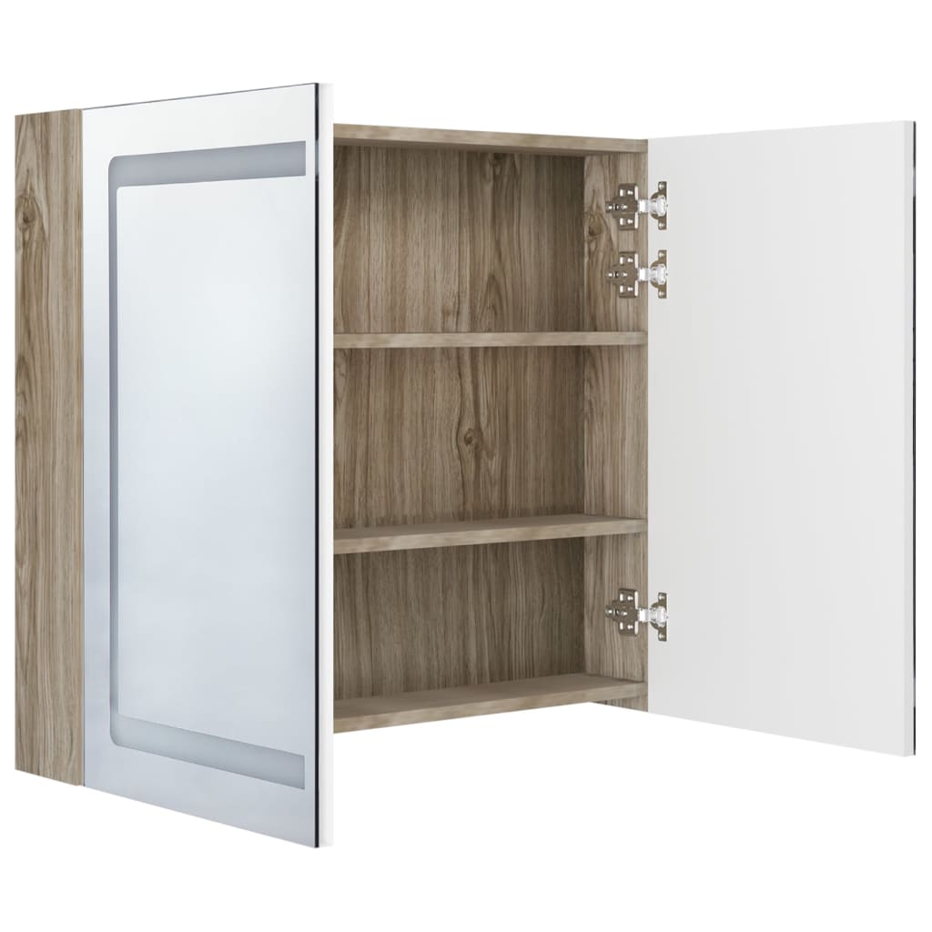 vidaXL LED kopalniška omarica z ogledalom bela in hrast 80x12x68 cm
