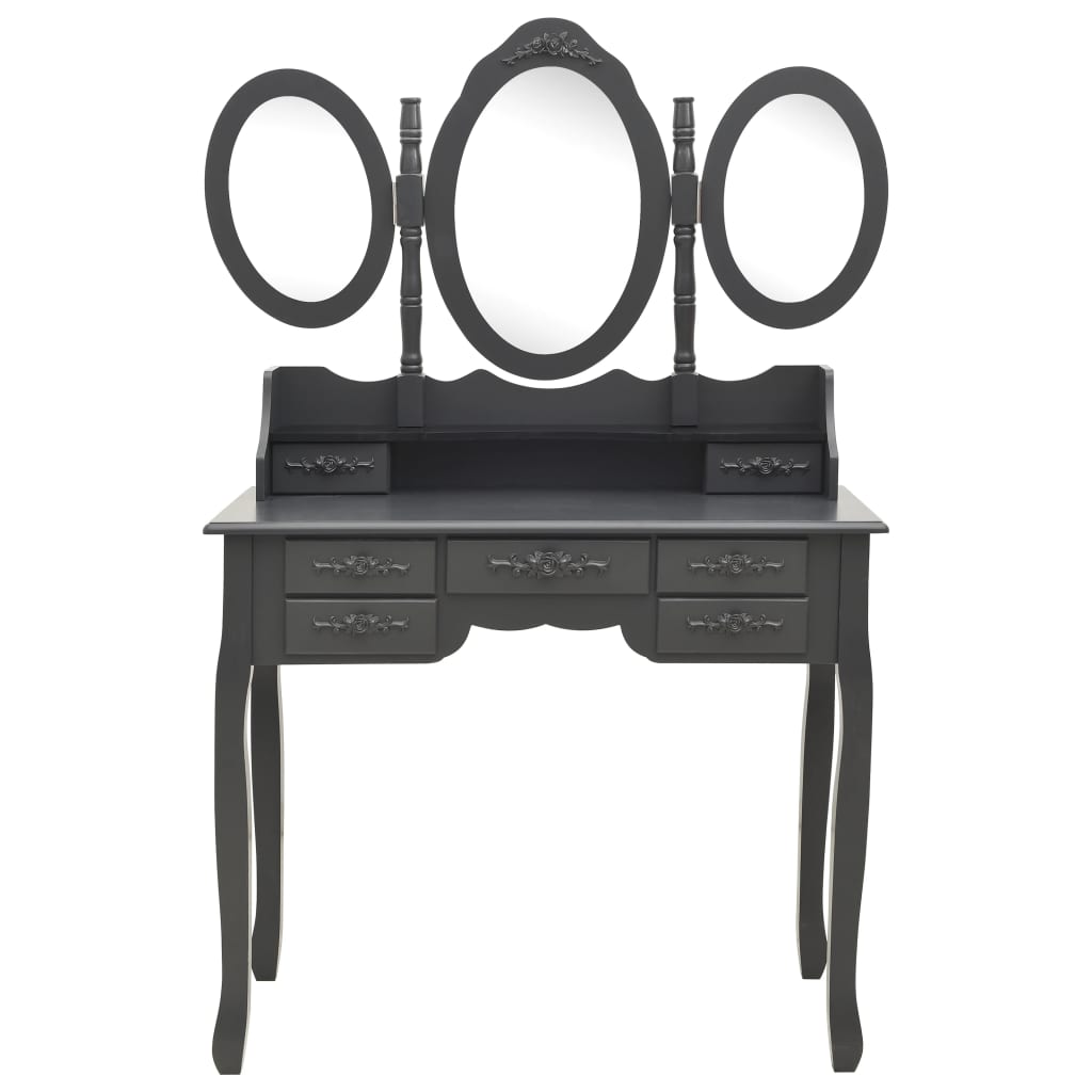 vidaXL Mizica za ličenje s stolčkom in tridelnim ogledalom siva