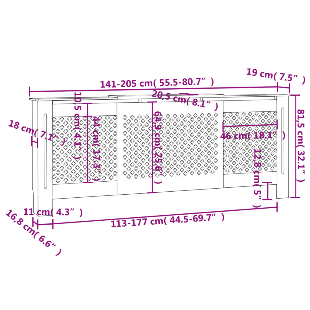 vidaXL Pokrov za radiator MDF siv 205 cm
