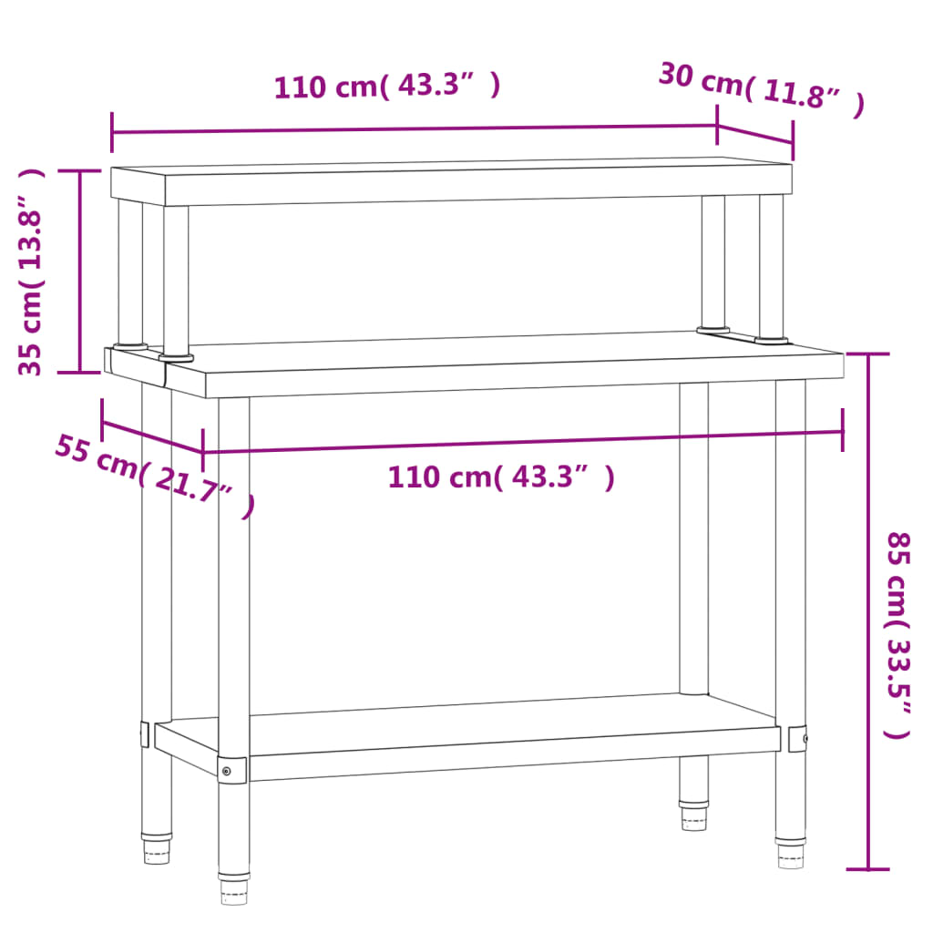 vidaXL Kuhinjska delovna miza s polico 110x55x120 cm nerjaveče jeklo