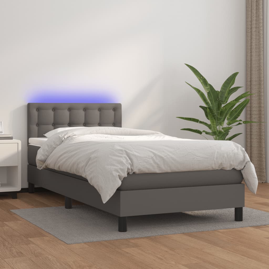 vidaXL Box spring postelja z vzmetnico LED siva 80x200 cm umetno usnje