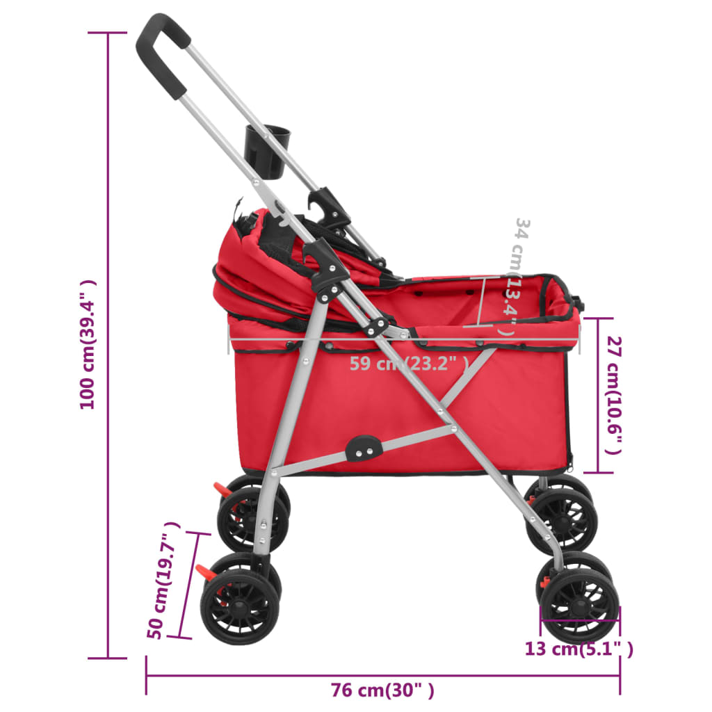 vidaXL Zložljiv pasji voziček rdeč 76x50x100 cm Oxford blago