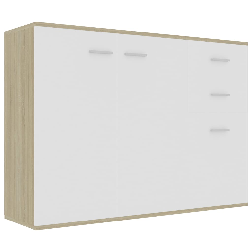 vidaXL Komoda bela in sonoma hrast 105x30x75 cm iverna plošča