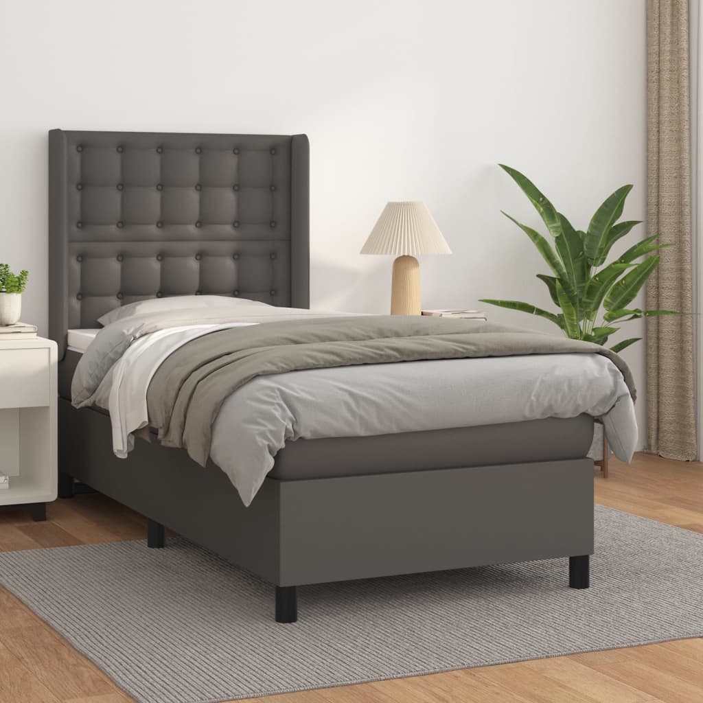vidaXL Box spring postelja z vzmetnico siva 90x200 cm umetno usnje
