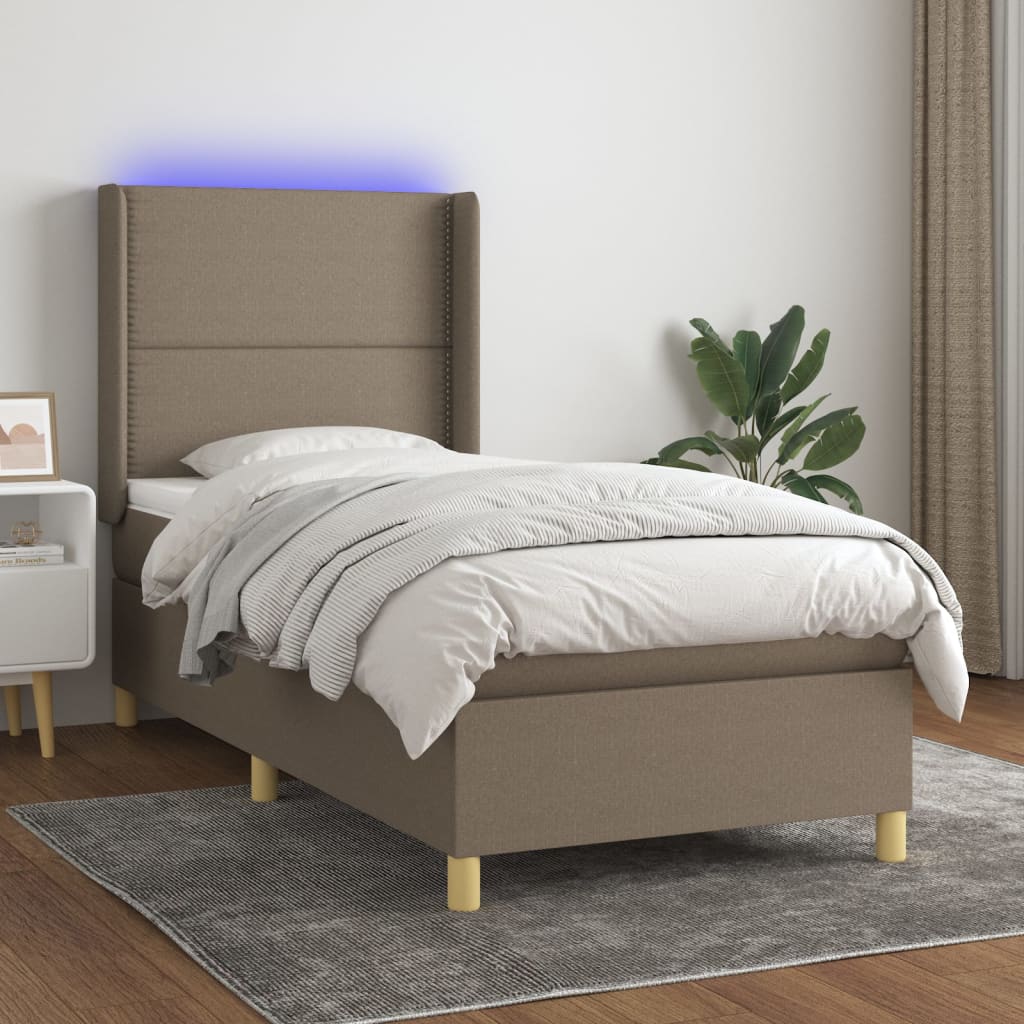 vidaXL Box spring postelja z vzmetnico LED temno rjava 90x200 cm blago