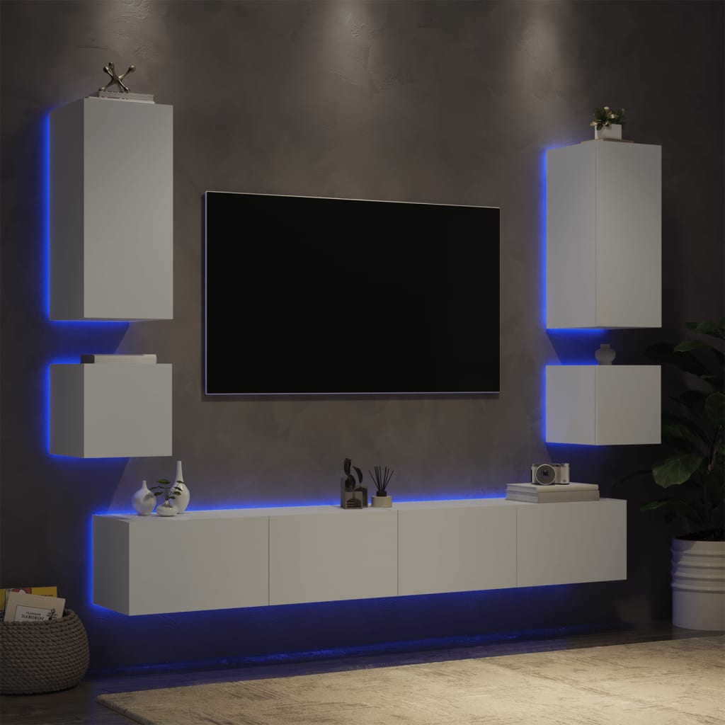 vidaXL Stenske TV omarice z LED lučkami 6 kosov bele