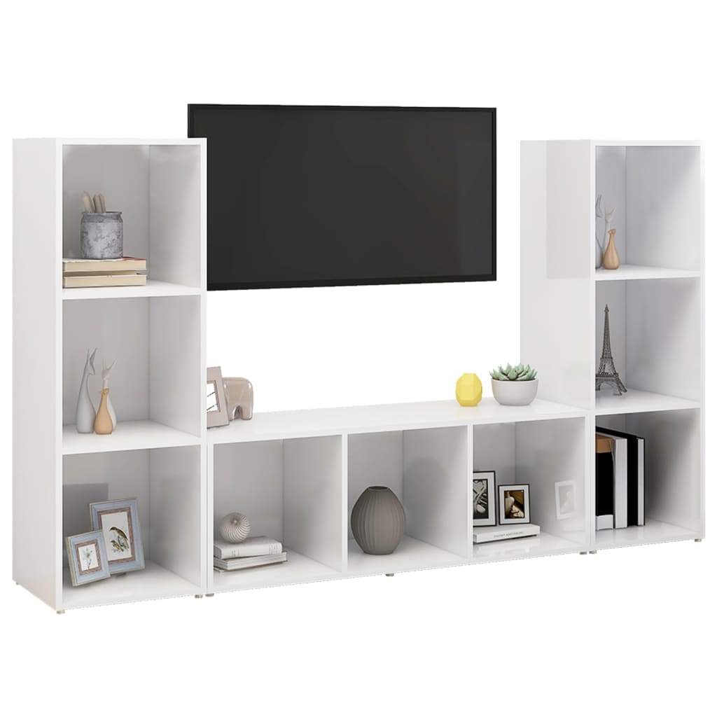 vidaXL TV omarice 3 kosi visok sijaj bele 107x35x37 cm iverna plošča