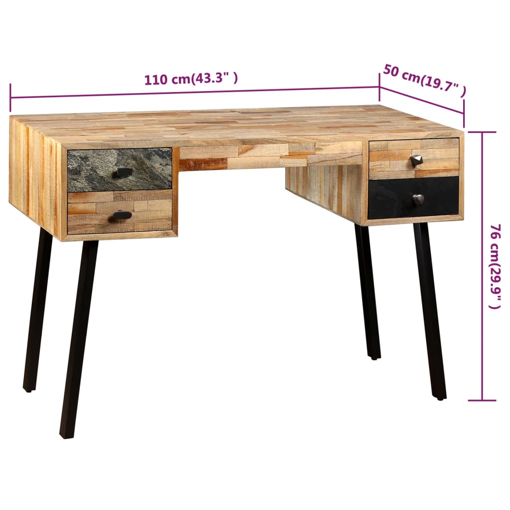 vidaXL Pisalna miza iz masivne predelane tikovine 110x50x76 cm
