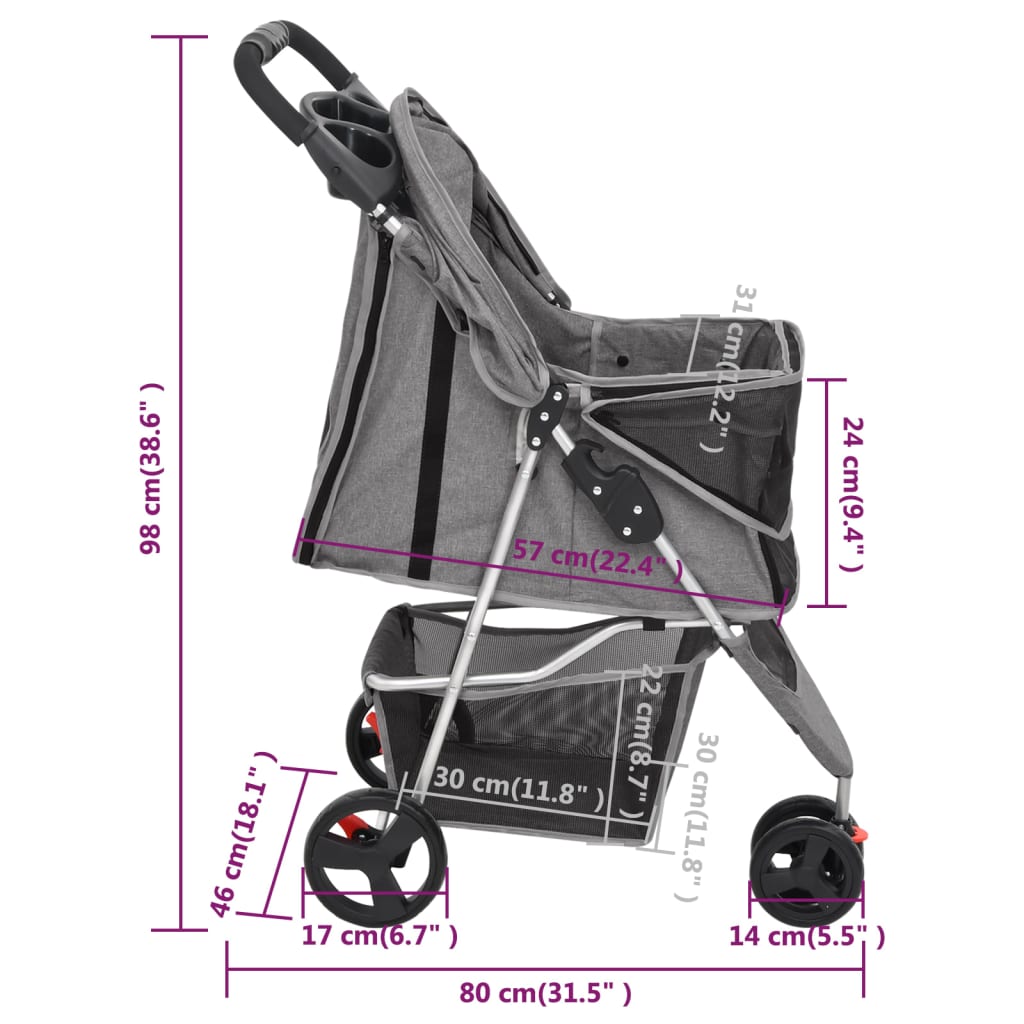 vidaXL Zložljiv pasji voziček siv 80x46x98 cm oxford blago