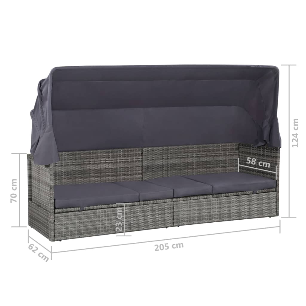vidaXL Vrtna postelja s streho poli ratan 205x62 cm siva